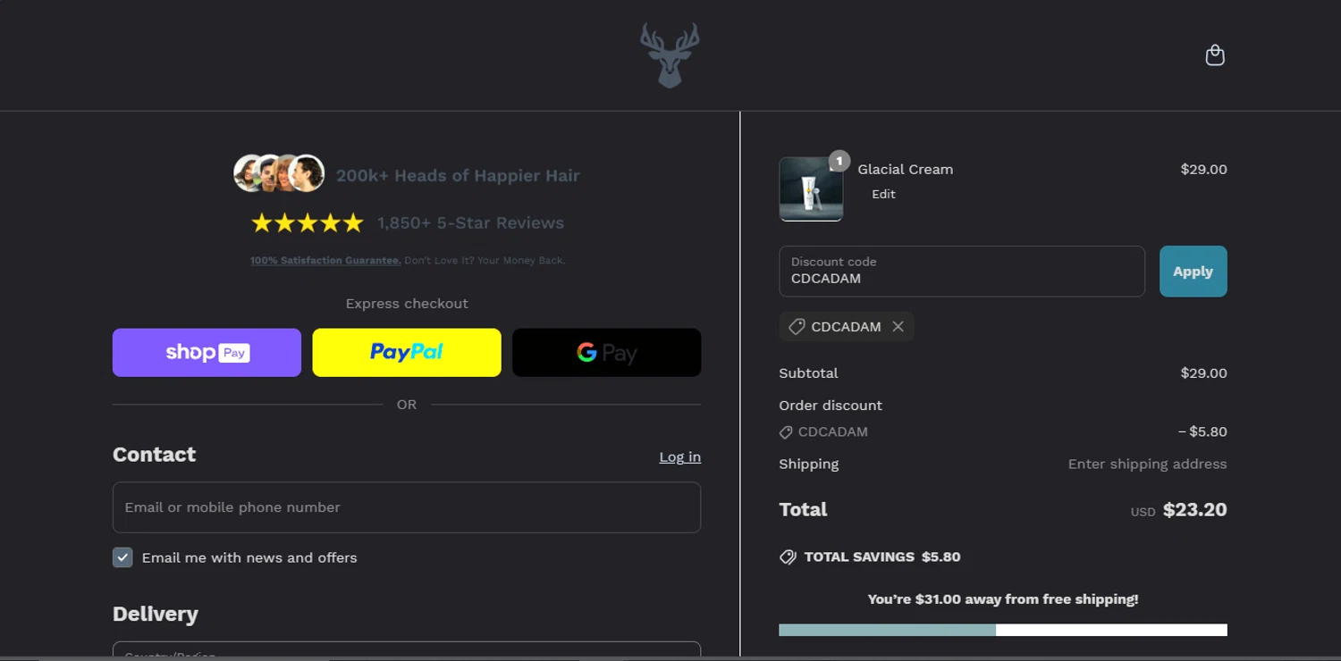Highland Style discount code screenshot showing code CDCADAM applied at Highland Style checkout page. Uploaded by SimplyCodes community member DealFinder8915 on Apr 8, 2025