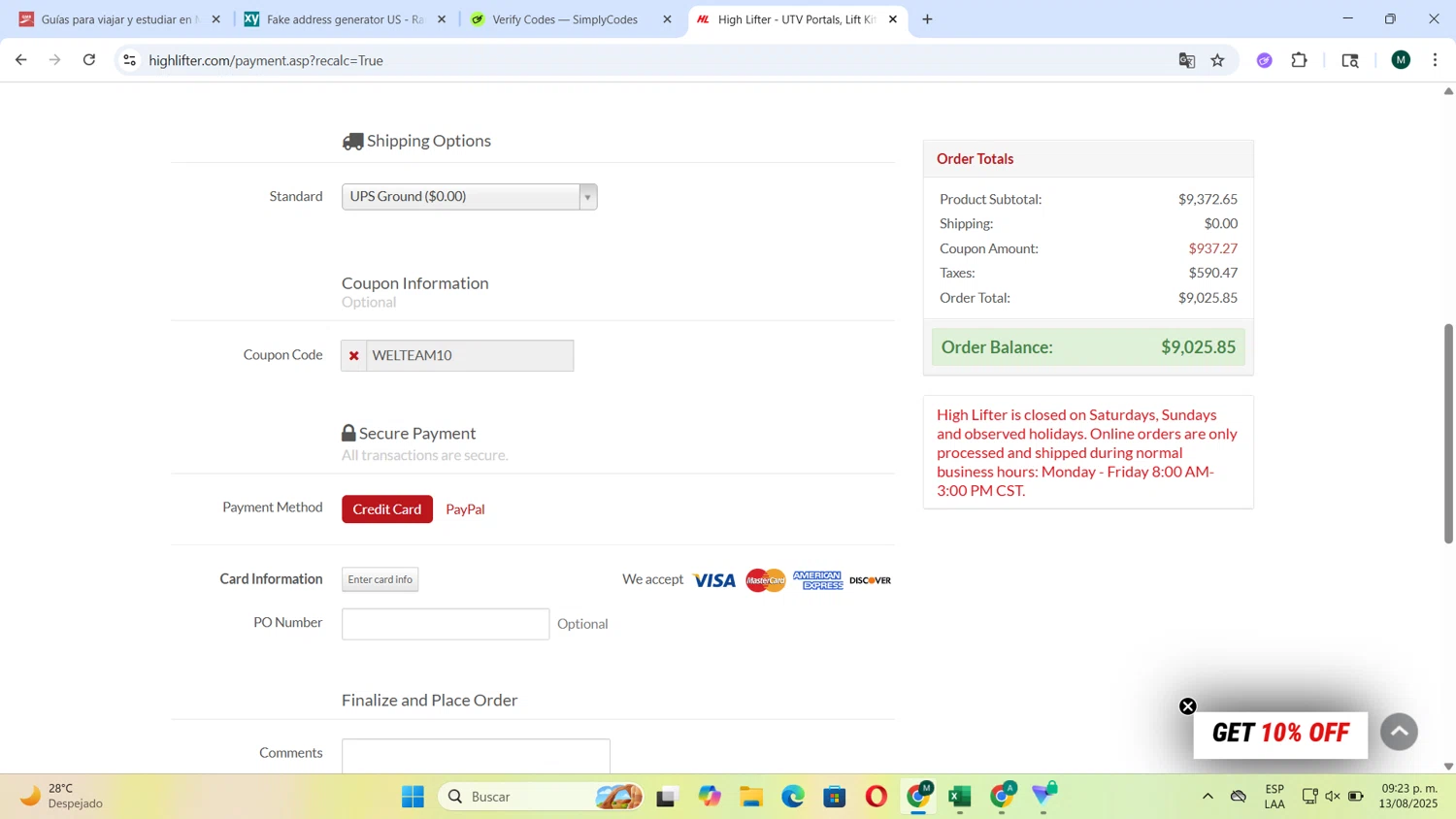 High Lifter promo code screenshot showing code WELTEAM10 applied at High Lifter checkout page. Uploaded by SimplyCodes community member Tortu_1 on Aug 14, 2025