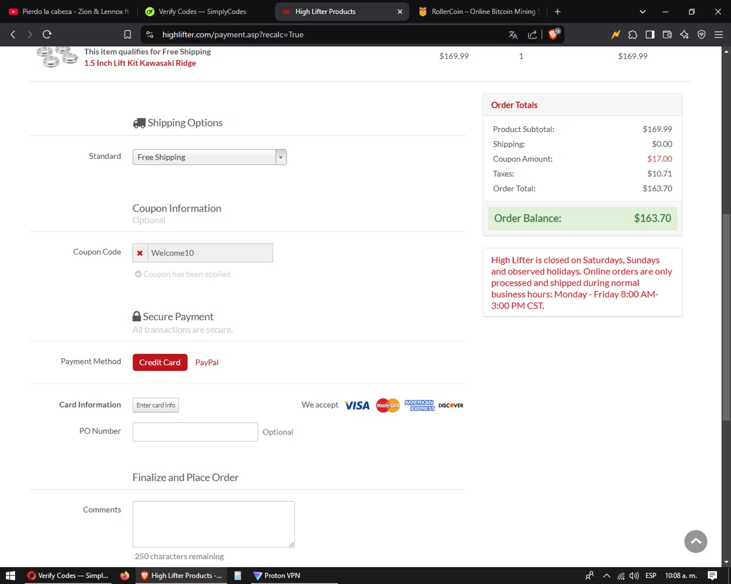High Lifter promo code screenshot showing code Welcome10 applied at High Lifter checkout page. Uploaded by SimplyCodes community member joaojesus on Feb 26, 2025