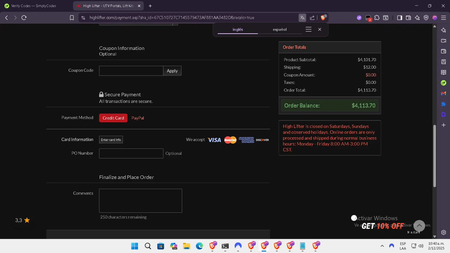 High Lifter promo code screenshot showing code GOBIG5 applied at High Lifter checkout page. Uploaded by SimplyCodes community member NobleLegend6162 on Dec 2, 2025
