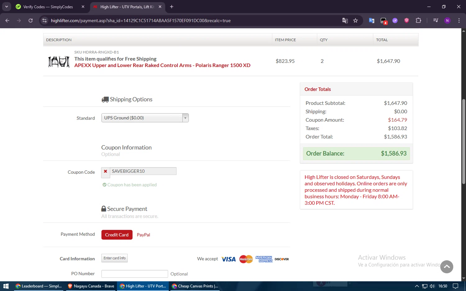 High Lifter checkout page showing High Lifter promo code box | Screenshot taken by SimplyCodes community member on Nov 3, 2025