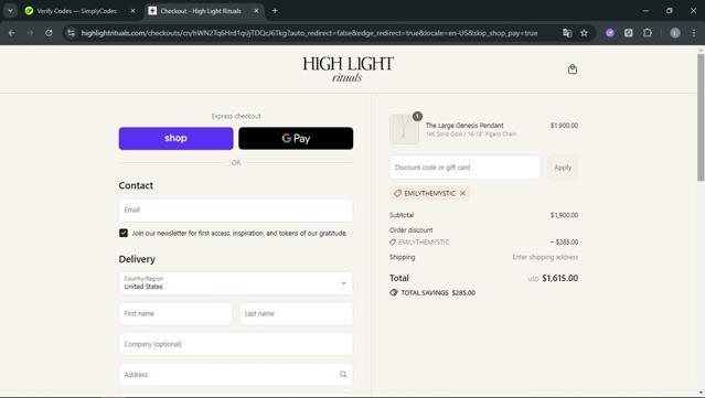 High Light Rituals checkout page showing High Light Rituals promo code box | Screenshot taken by SimplyCodes community member on Sep 1, 2025