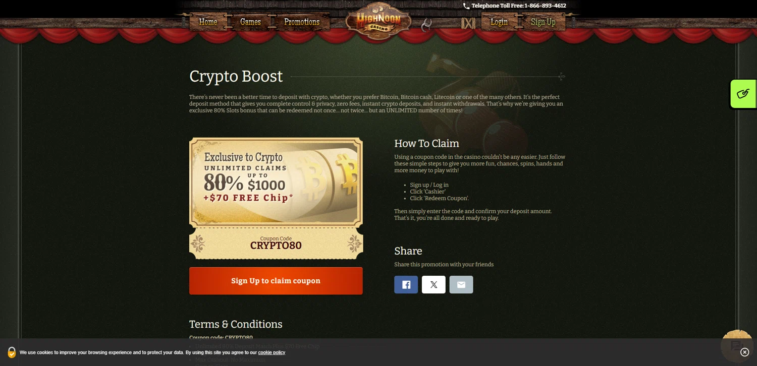 High Noon Casino promo code screenshot showing code CRYPTO80 applied at High Noon Casino checkout page. Uploaded by SimplyCodes community member pabloprieto on Nov 12, 2024