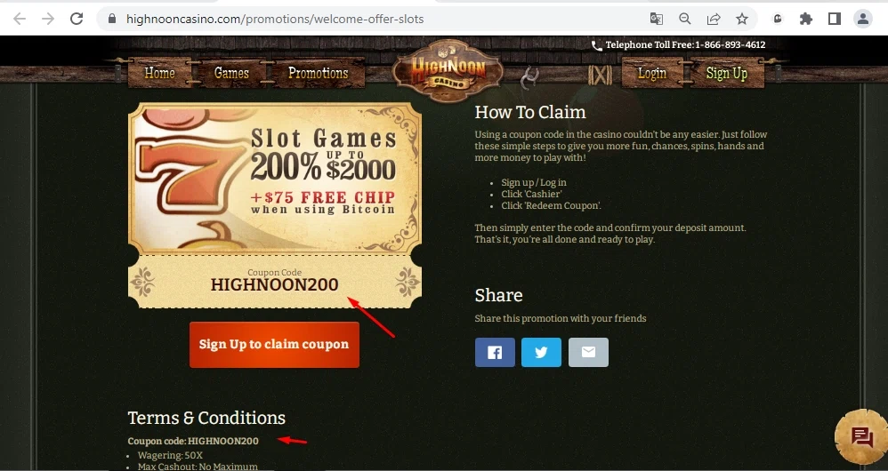 High Noon Casino checkout page showing High Noon Casino promo code box | Screenshot taken by SimplyCodes community member on Apr 20, 2022
