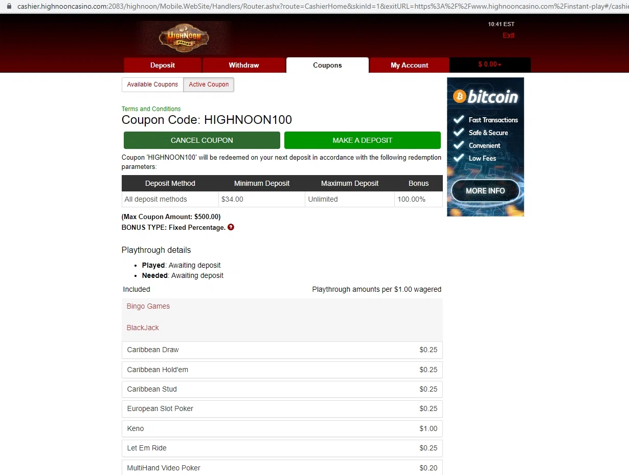 High Noon Casino checkout page showing High Noon Casino promo code box | Screenshot taken by SimplyCodes community member on Apr 20, 2022