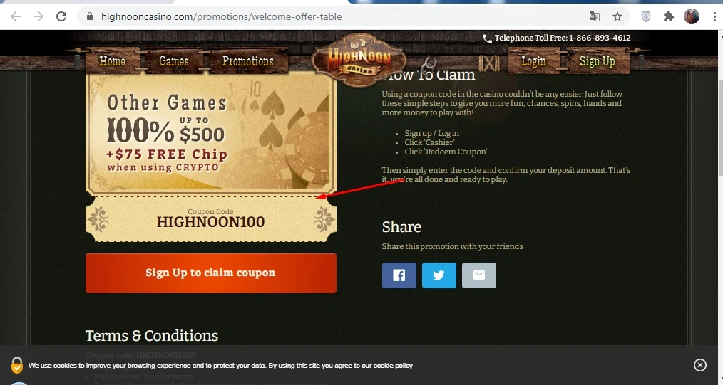 High Noon Casino checkout page showing High Noon Casino promo code box | Screenshot taken by SimplyCodes community member on Jul 21, 2022