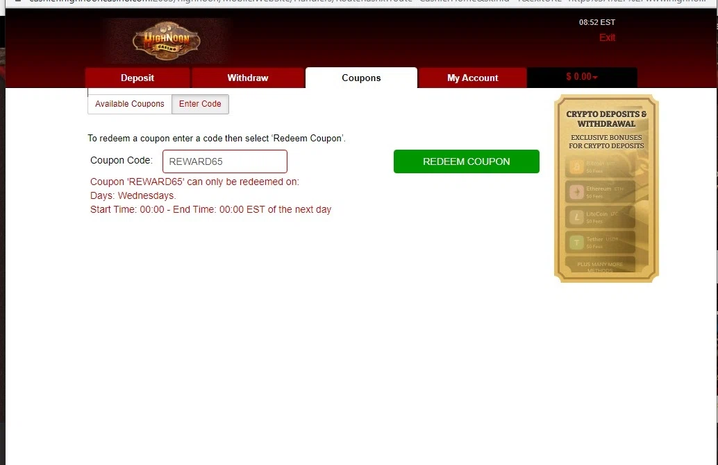High Noon Casino checkout page showing High Noon Casino promo code box | Screenshot taken by SimplyCodes community member on Aug 19, 2022