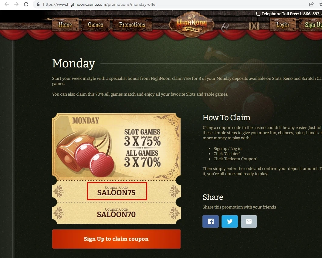 High Noon Casino checkout page showing High Noon Casino promo code box | Screenshot taken by SimplyCodes community member on Aug 17, 2022