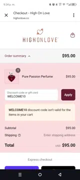 WELCOME10 coupon verification screenshot