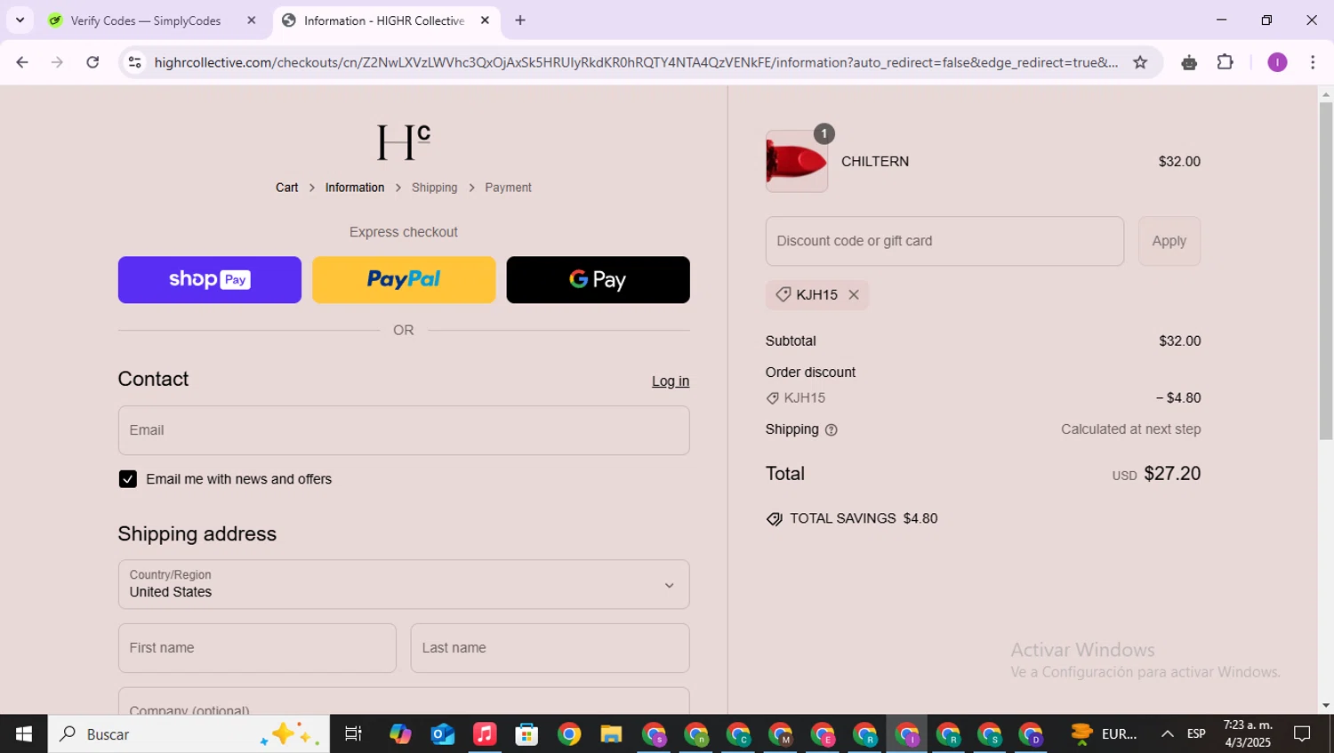 HIGHR Collective US promo code screenshot showing code KJH15 applied at HIGHR Collective US checkout page. Uploaded by SimplyCodes community member RebateAce6764 on Mar 4, 2025
