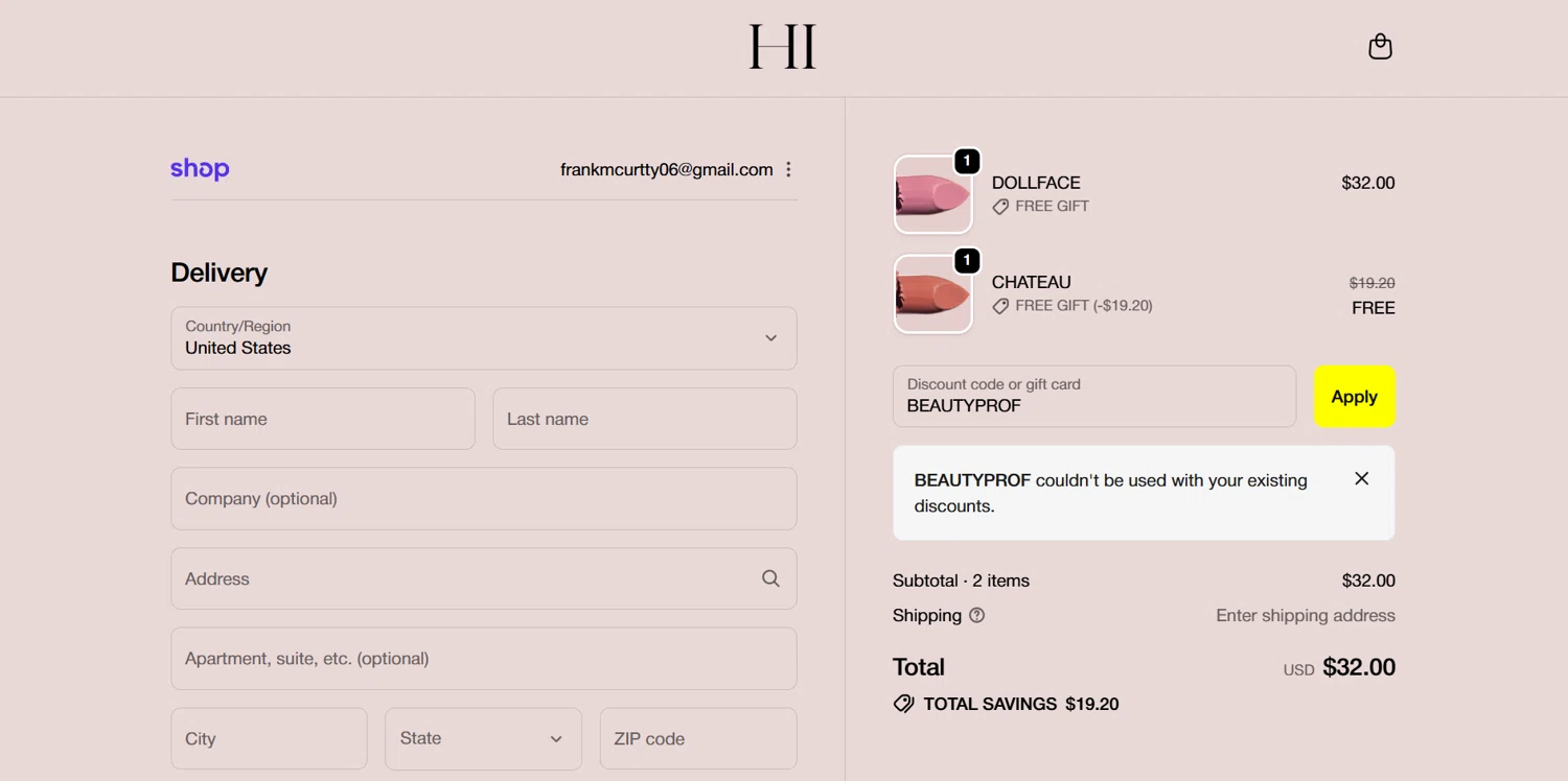 HIGHR Collective US promo code screenshot showing code BEAUTYPROF applied at HIGHR Collective US checkout page. Uploaded by SimplyCodes community member BrilliantVoyager5752 on Nov 24, 2025