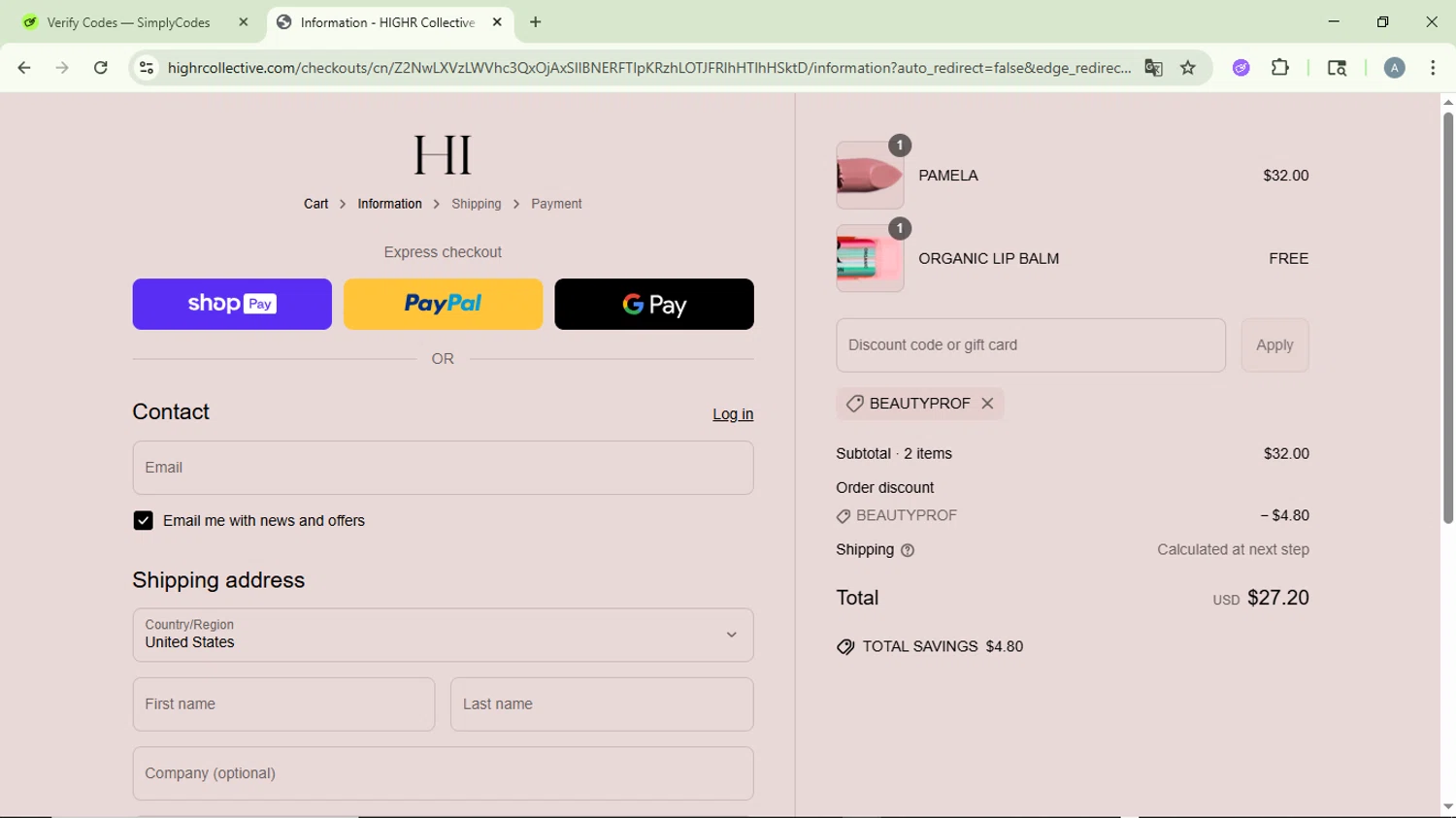 HIGHR Collective US promo code screenshot showing code BEAUTYPROF applied at HIGHR Collective US checkout page. Uploaded by SimplyCodes community member DiscountVirtuoso6243 on Jun 21, 2025