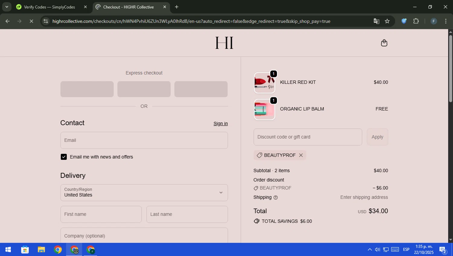 HIGHR Collective US promo code screenshot showing code BEAUTYPROF applied at HIGHR Collective US checkout page. Uploaded by SimplyCodes community member pajarito on Oct 22, 2025
