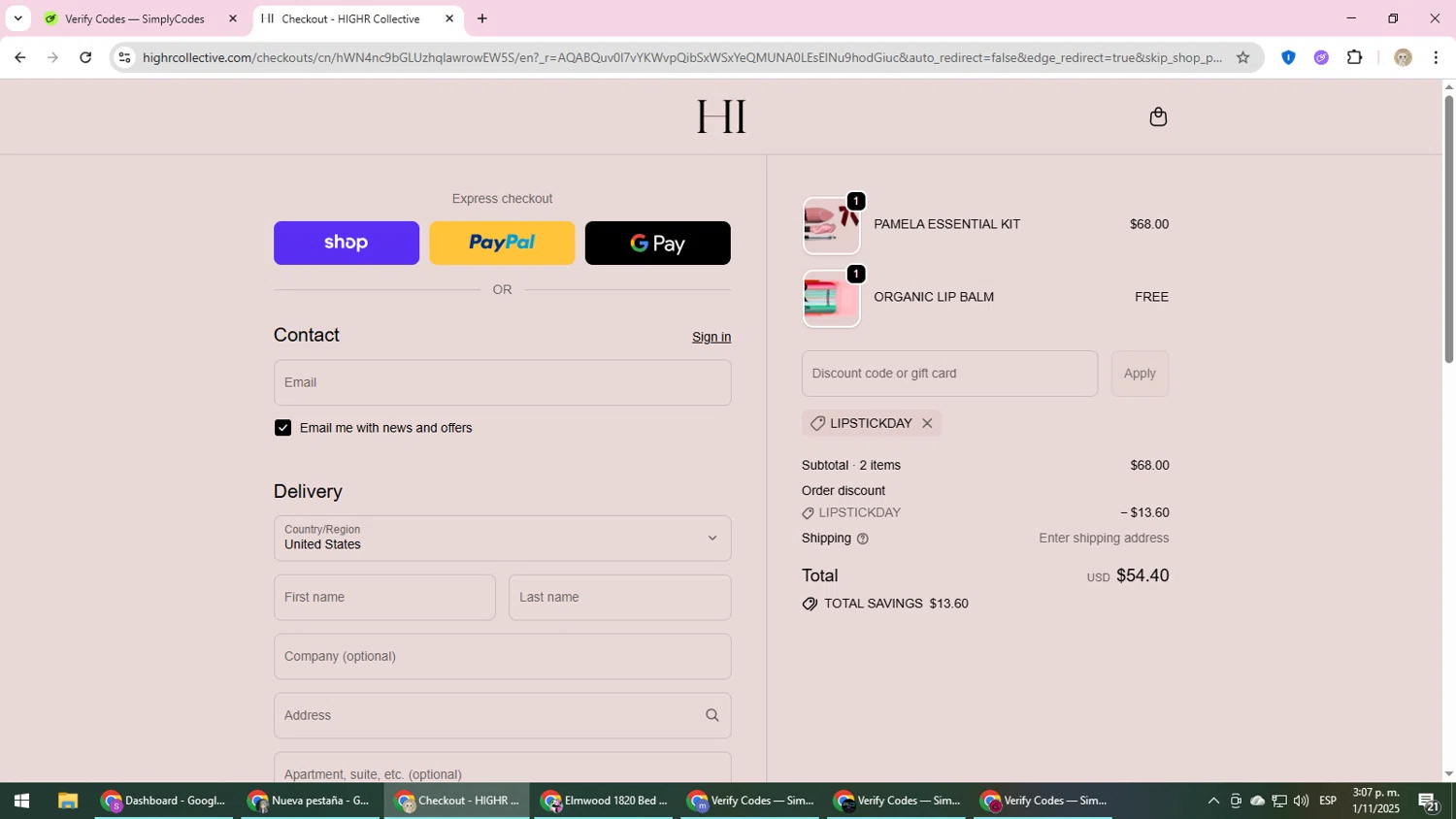 HIGHR Collective US promo code screenshot showing code lipstickday applied at HIGHR Collective US checkout page. Uploaded by SimplyCodes community member NobleScholar4826 on Nov 1, 2025