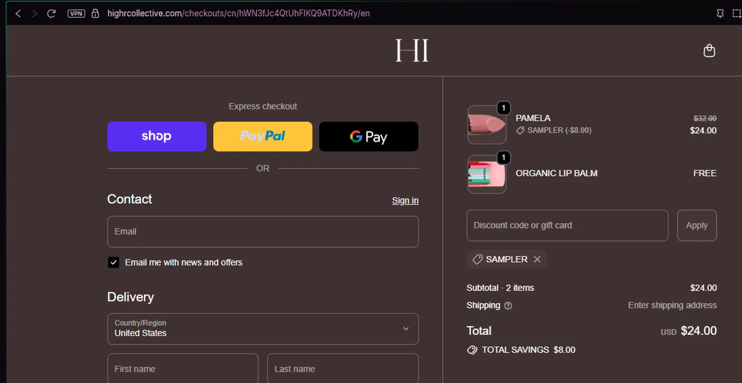 HIGHR Collective US promo code screenshot showing code SAMPLER applied at HIGHR Collective US checkout page. Uploaded by SimplyCodes community member chepipi on Oct 2, 2025