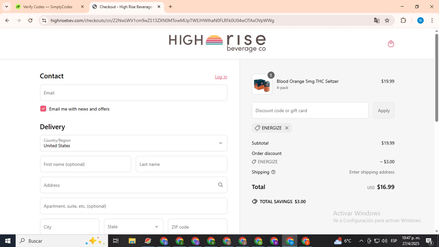 High Rise Beverage Company promo code screenshot showing code ENERGIZE applied at High Rise Beverage Company checkout page. Uploaded by SimplyCodes community member CoinHawk678 on Apr 28, 2025