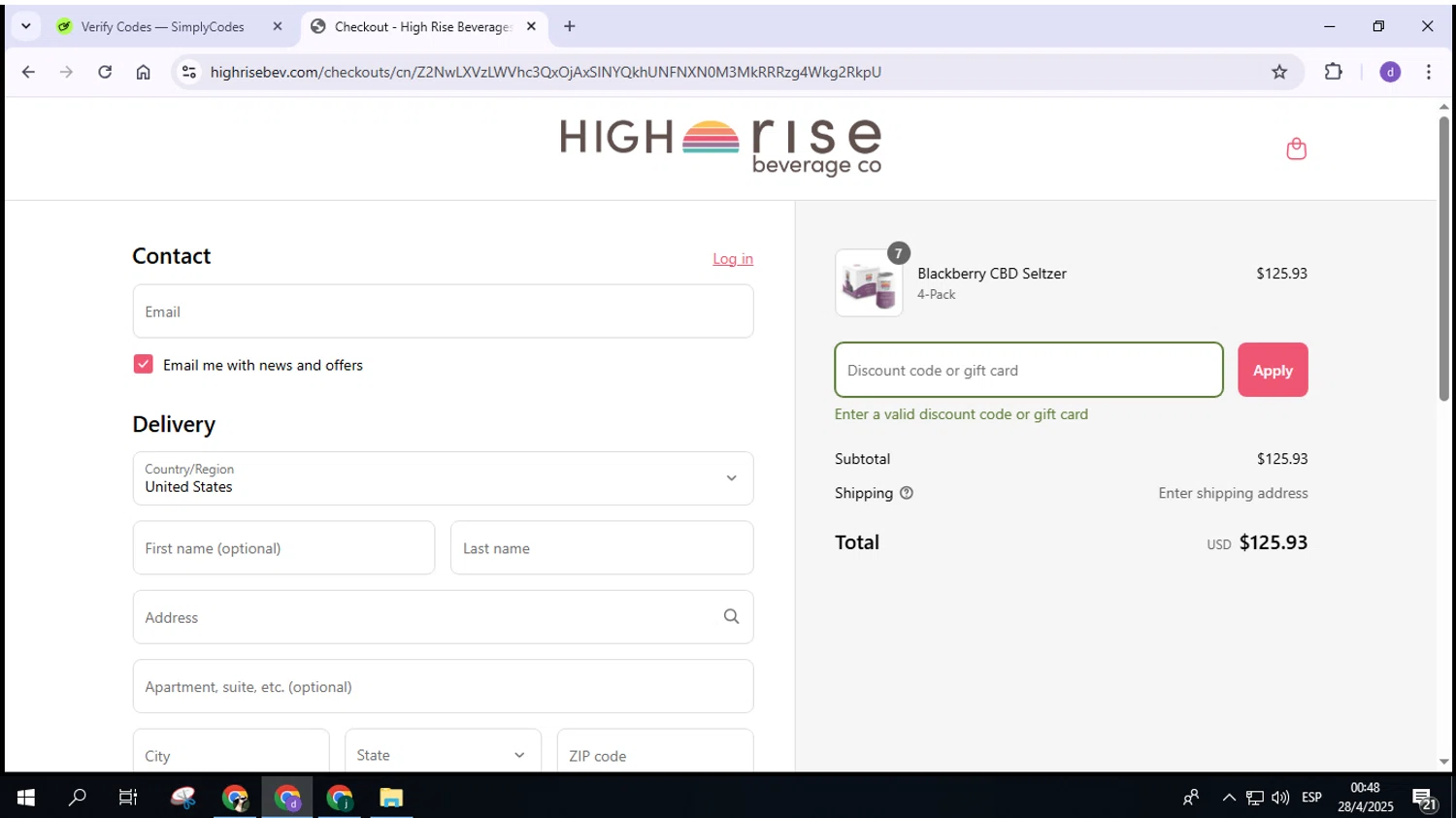 High Rise Beverage Company promo code screenshot showing code 420plus applied at High Rise Beverage Company checkout page. Uploaded by SimplyCodes community member VoucherPilot2282 on Apr 28, 2025