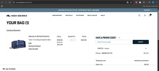 High Sierra checkout page showing High Sierra coupon code box | Screenshot taken by SimplyCodes community member on Jul 21, 2025