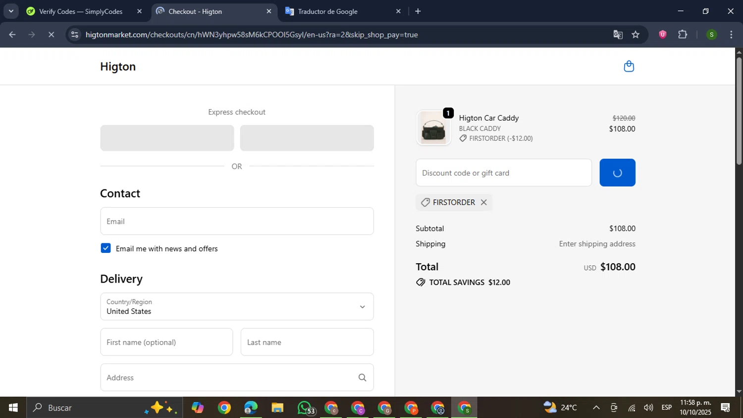 Higton checkout page showing Higton discount code box | Screenshot taken by SimplyCodes community member on Oct 11, 2025