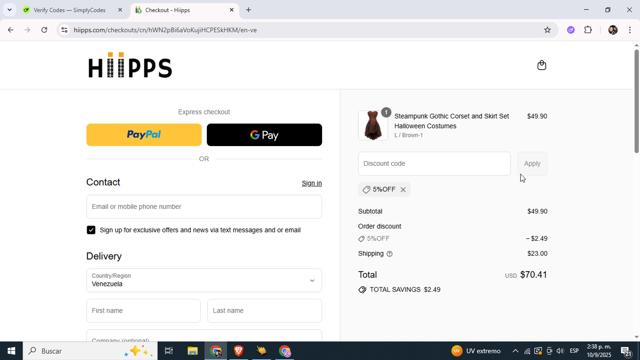 Hiipps checkout page showing Hiipps discount code box | Screenshot taken by SimplyCodes community member on Sep 10, 2025