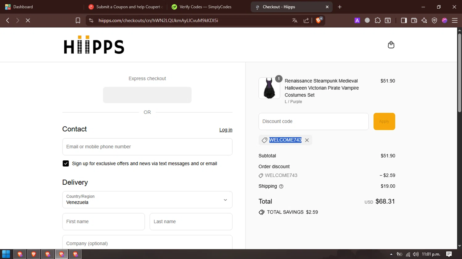 Hiipps discount code screenshot showing code WELCOME743 applied at Hiipps checkout page. Uploaded by SimplyCodes community member Simplycodes_ on Aug 29, 2025