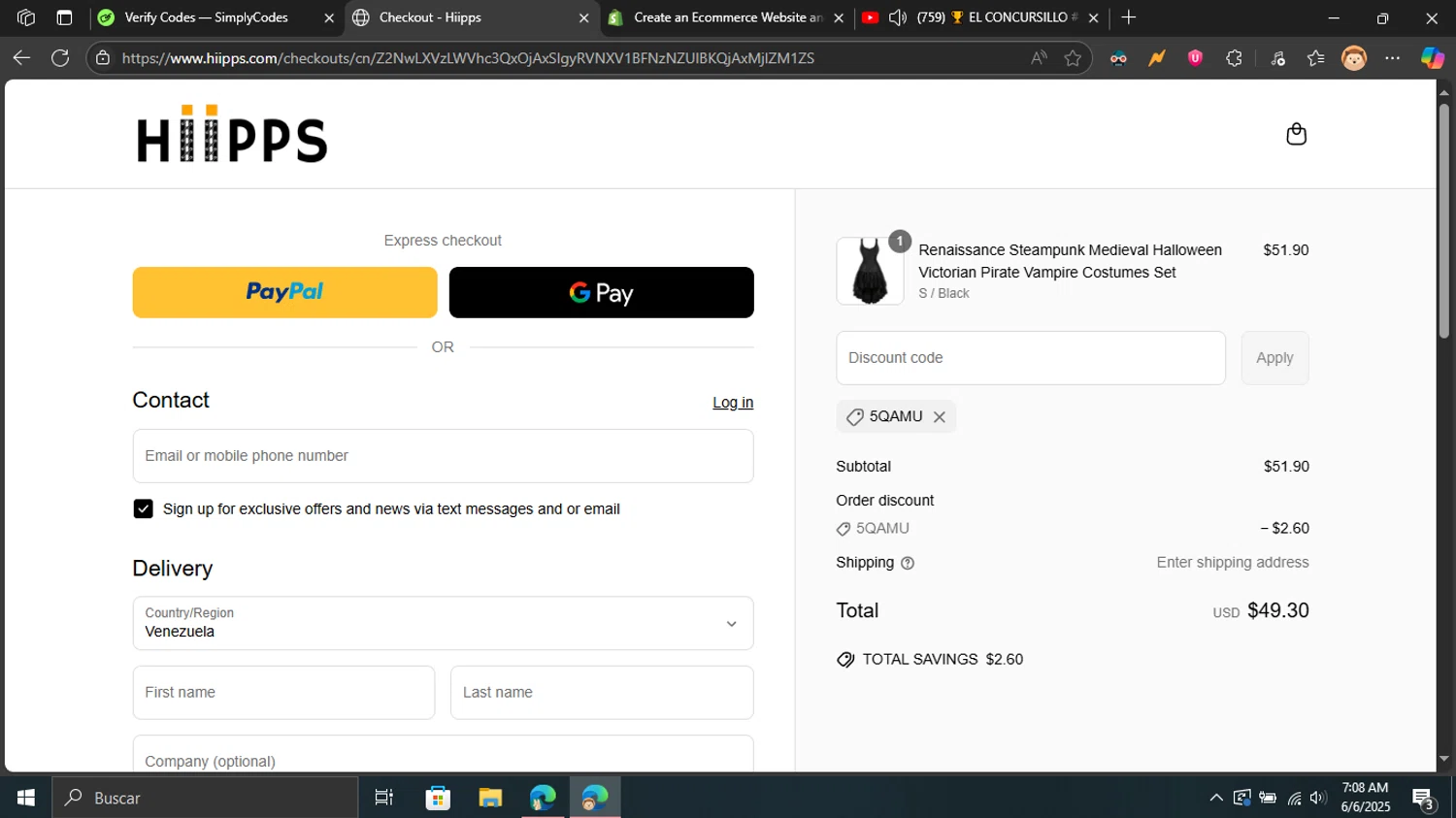 Hiipps discount code screenshot showing code 5QAMU applied at Hiipps checkout page. Uploaded by SimplyCodes community member Blackleg_Sanji on Jun 6, 2025