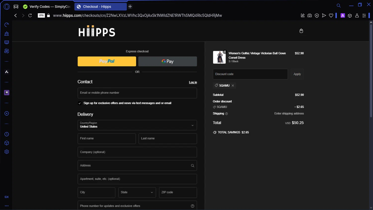 Hiipps discount code screenshot showing code 5QAMU applied at Hiipps checkout page. Uploaded by SimplyCodes community member SavingsWhiz9509 on Feb 21, 2025