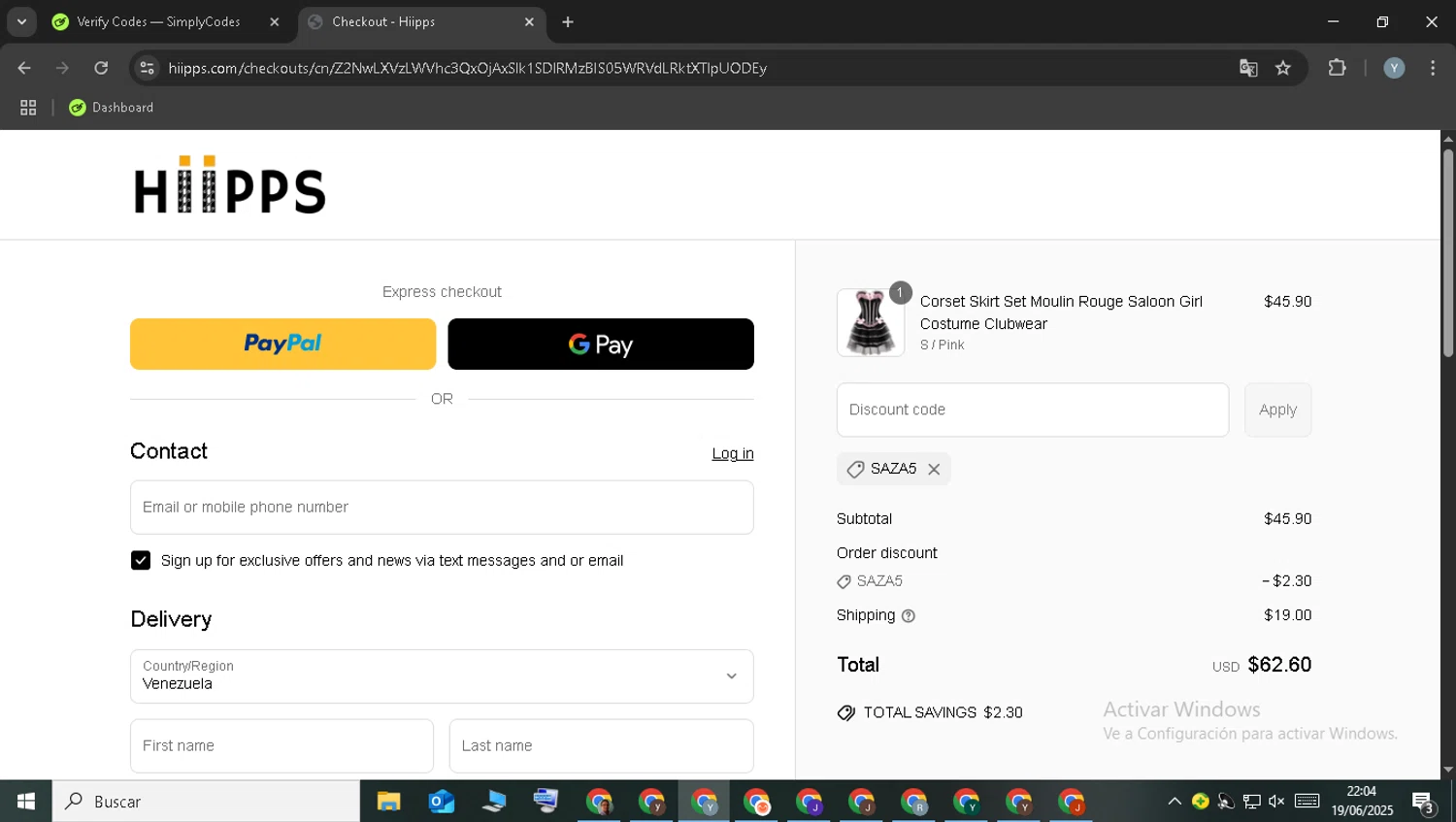 Hiipps discount code screenshot showing code SAZA5 applied at Hiipps checkout page. Uploaded by SimplyCodes community member LuckySentinel8990 on Jun 20, 2025