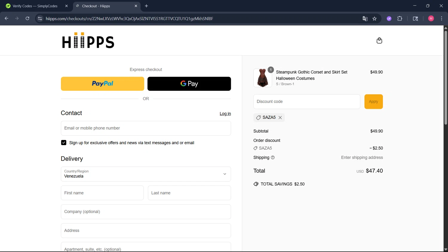 Hiipps discount code screenshot showing code SAZA5 applied at Hiipps checkout page. Uploaded by SimplyCodes community member ValueCollector4159 on May 19, 2025