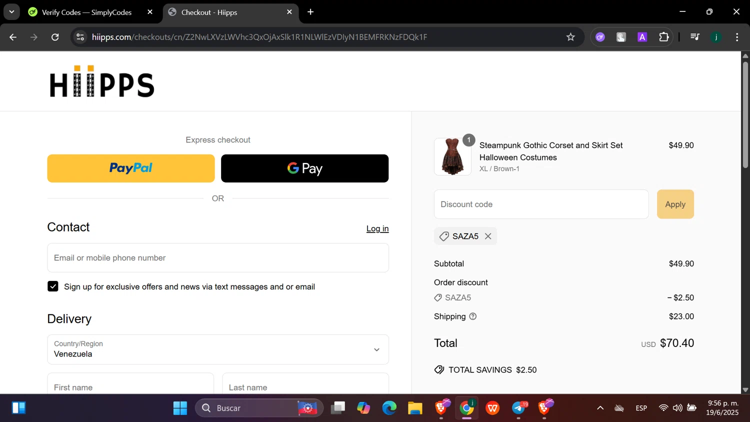 Hiipps discount code screenshot showing code SAZA5 applied at Hiipps checkout page. Uploaded by SimplyCodes community member hanzell03 on Jun 20, 2025
