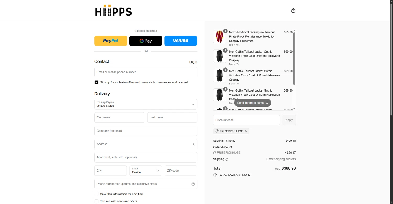 Hiipps discount code screenshot showing code prizepickhuge applied at Hiipps checkout page. Uploaded by SimplyCodes community member MateoRioja on Aug 29, 2025