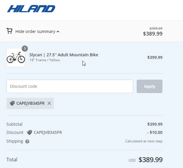 where to use Hiland Bikes promo code box