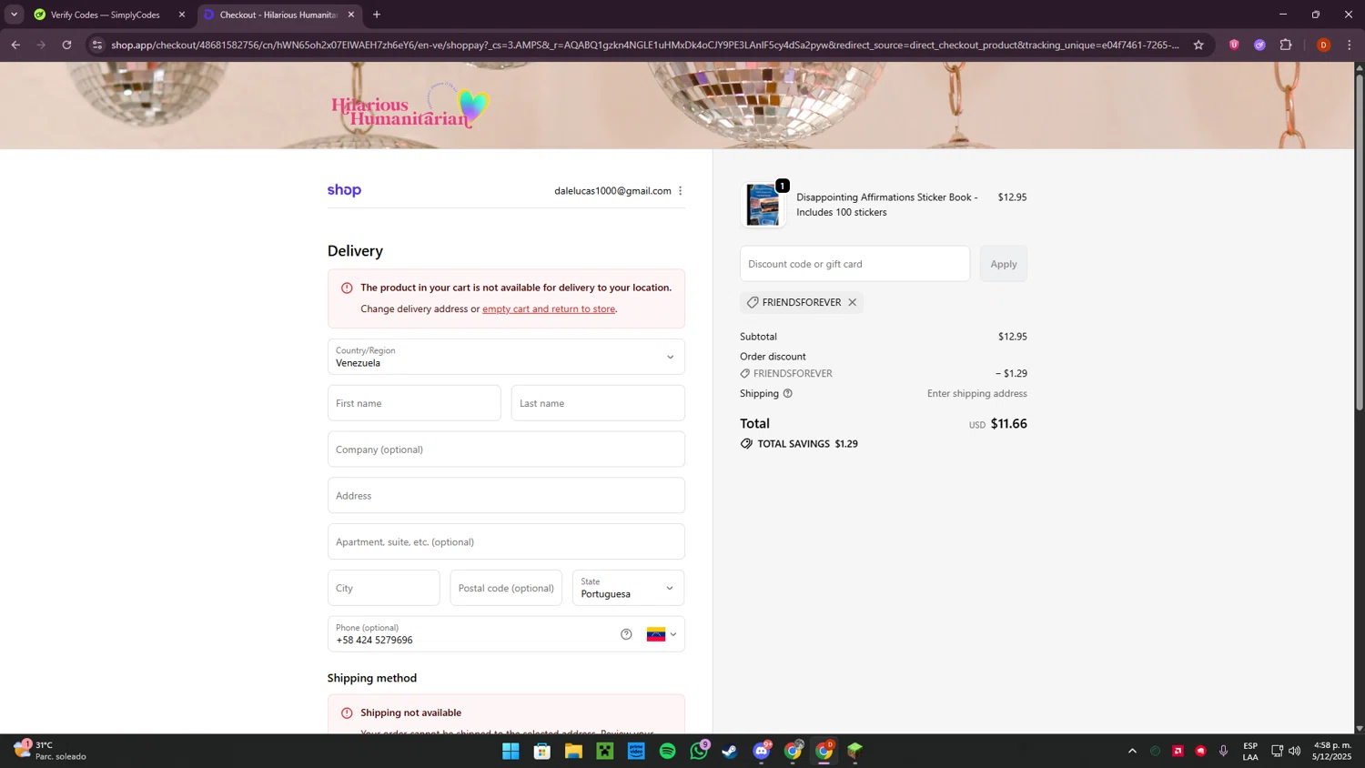 Hilarious Humanitarian coupon code screenshot showing code FRIENDSFOREVER applied at Hilarious Humanitarian checkout page. Uploaded by SimplyCodes community member Corleone on Dec 5, 2025