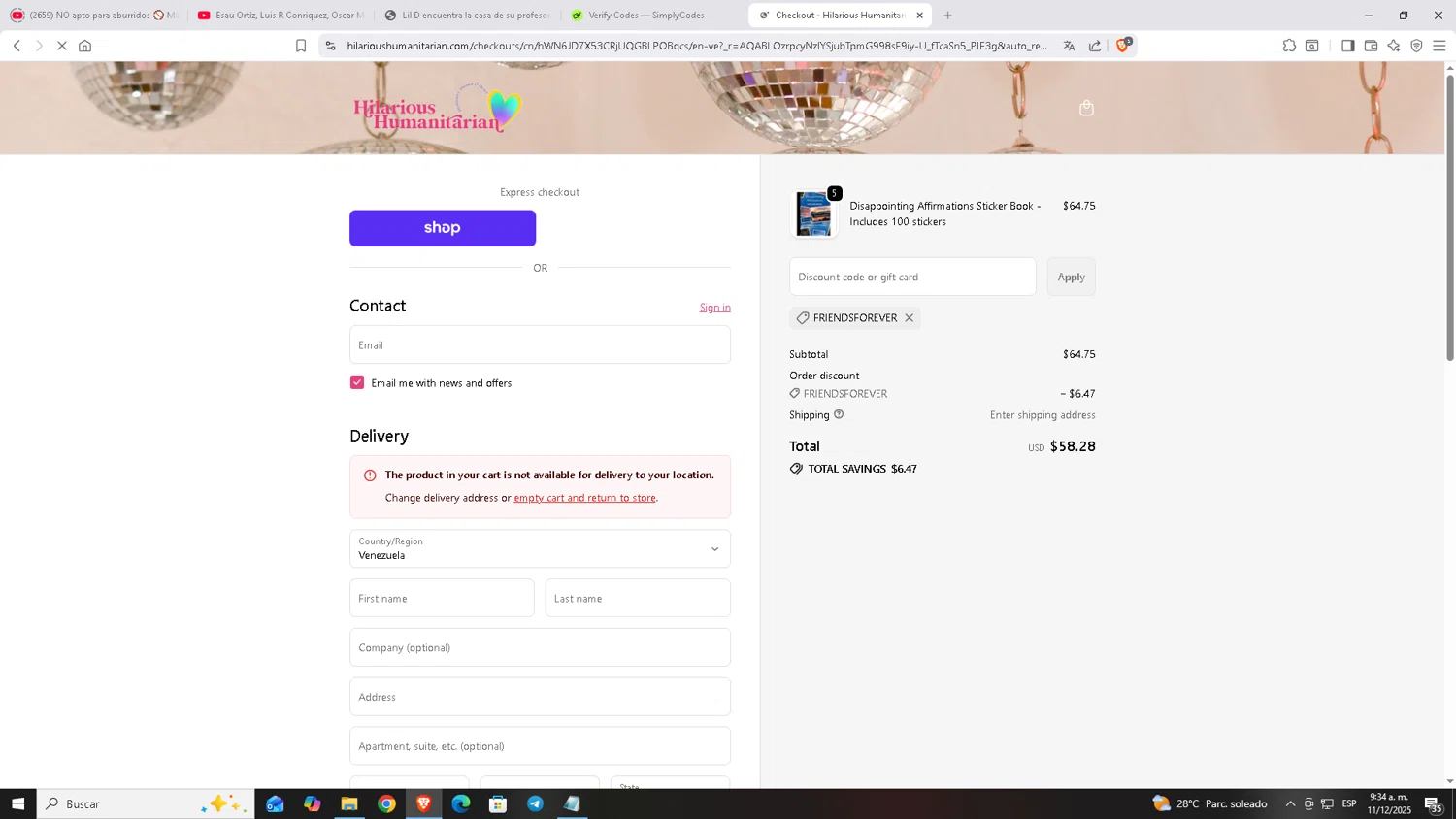Hilarious Humanitarian coupon code screenshot showing code FRIENDSFOREVER applied at Hilarious Humanitarian checkout page. Uploaded by SimplyCodes community member Carloscoder_900457733 on Dec 11, 2025