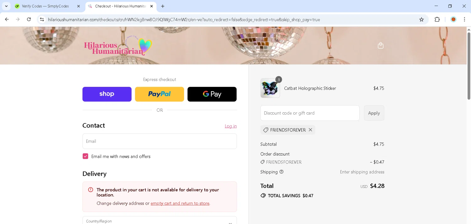 Hilarious Humanitarian coupon code screenshot showing code FRIENDSFOREVER applied at Hilarious Humanitarian checkout page. Uploaded by SimplyCodes community member MadaraUchiha07 on Sep 8, 2025