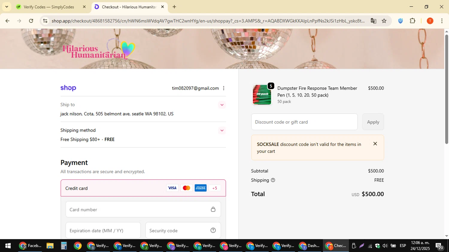 Hilarious Humanitarian coupon code screenshot showing code SOCKSALE applied at Hilarious Humanitarian checkout page. Uploaded by SimplyCodes community member ShrewdAce8338 on Dec 24, 2025
