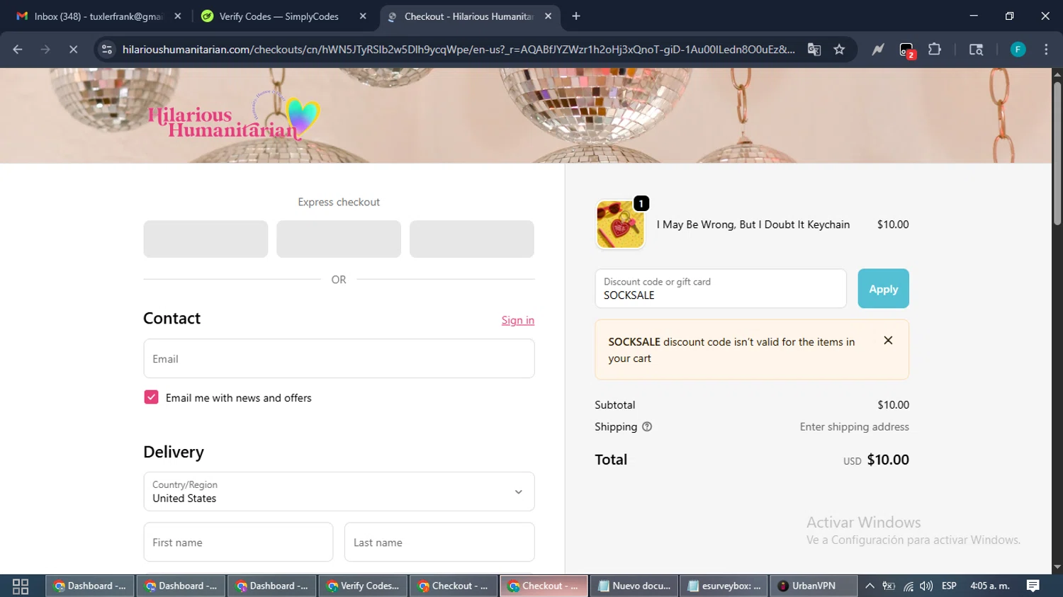 Hilarious Humanitarian coupon code screenshot showing code SOCKSALE applied at Hilarious Humanitarian checkout page. Uploaded by SimplyCodes community member ShrewdTitan3233 on Nov 15, 2025