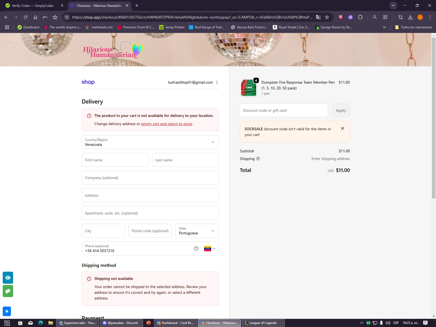 Hilarious Humanitarian coupon code screenshot showing code SOCKSALE applied at Hilarious Humanitarian checkout page. Uploaded by SimplyCodes community member VayneChambeadora on Dec 17, 2025