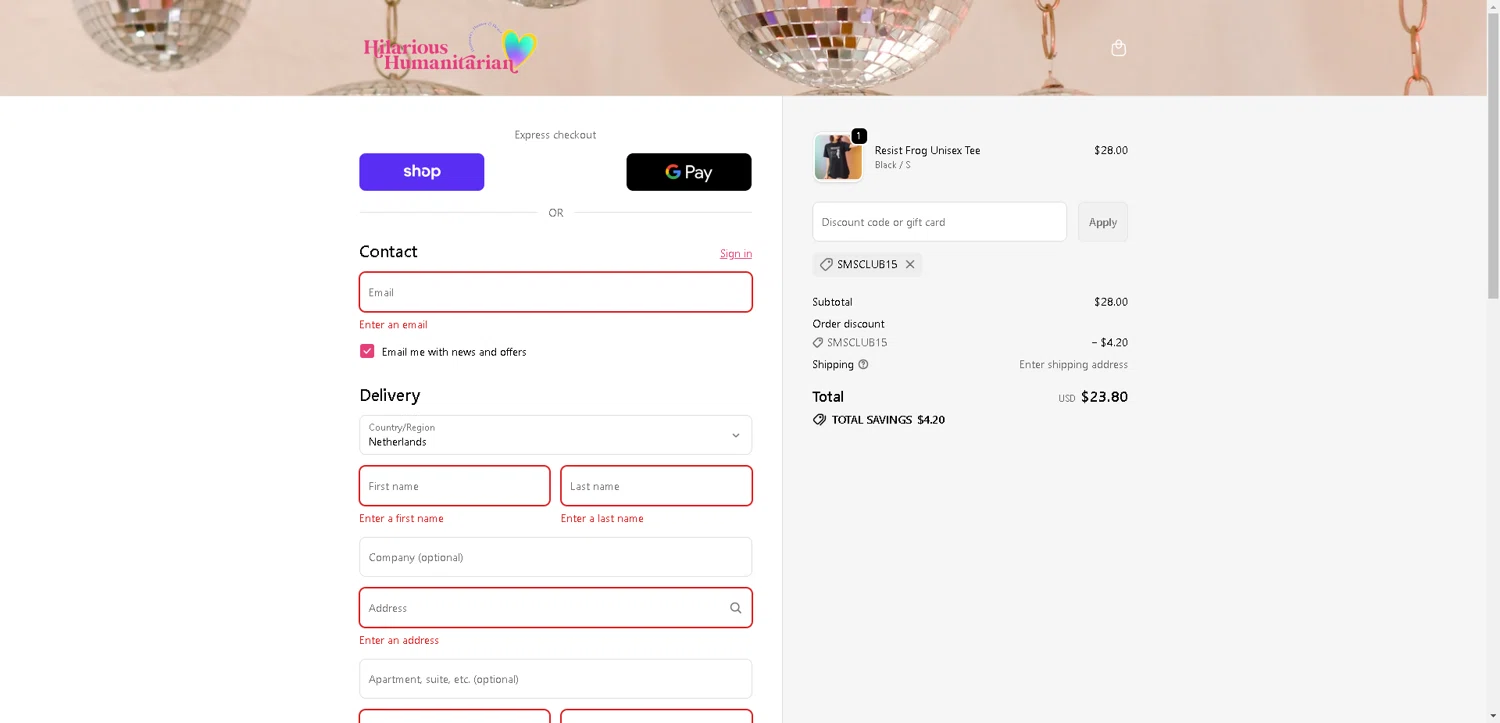 Hilarious Humanitarian coupon code screenshot showing code SMSCLUB15 applied at Hilarious Humanitarian checkout page. Uploaded by SimplyCodes community member ValueWarden2887 on Oct 23, 2025