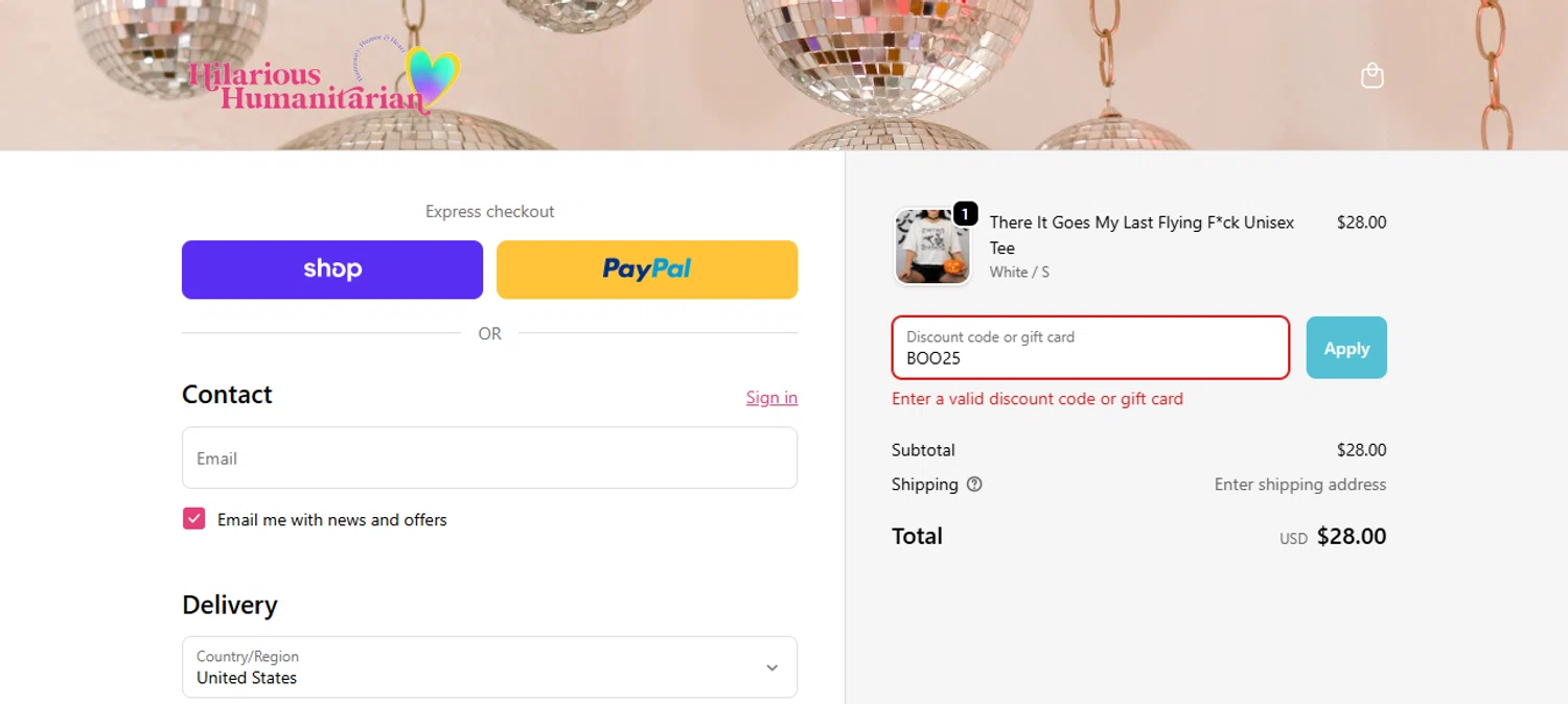 Hilarious Humanitarian coupon code screenshot showing code BOO25 applied at Hilarious Humanitarian checkout page. Uploaded by SimplyCodes community member CarmenAyuth on Nov 3, 2025