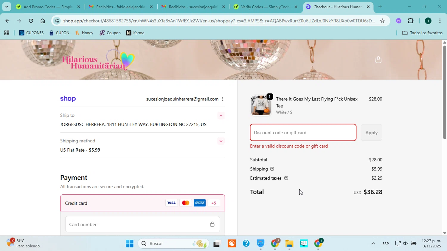 Hilarious Humanitarian coupon code screenshot showing code BOO25 applied at Hilarious Humanitarian checkout page. Uploaded by SimplyCodes community member jorgejavierherrera on Nov 3, 2025