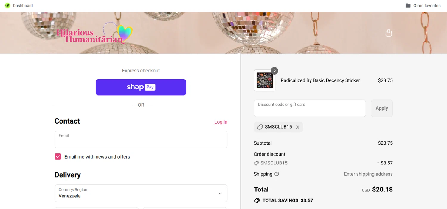 Hilarious Humanitarian coupon code screenshot showing code SMSCLUB15 applied at Hilarious Humanitarian checkout page. Uploaded by SimplyCodes community member Speedy on Jul 14, 2025