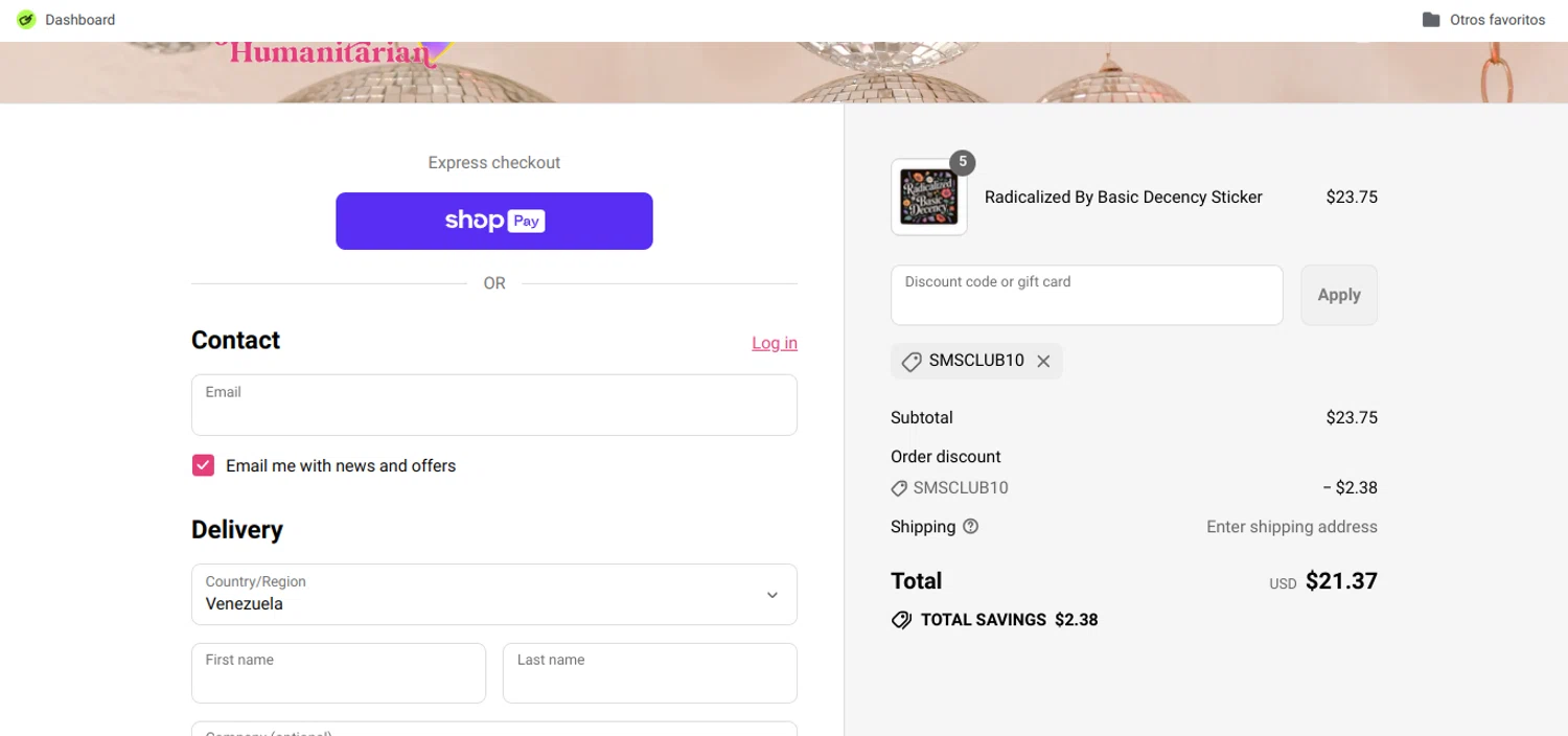 Hilarious Humanitarian coupon code screenshot showing code SMSCLUB10 applied at Hilarious Humanitarian checkout page. Uploaded by SimplyCodes community member Speedy on Jul 14, 2025