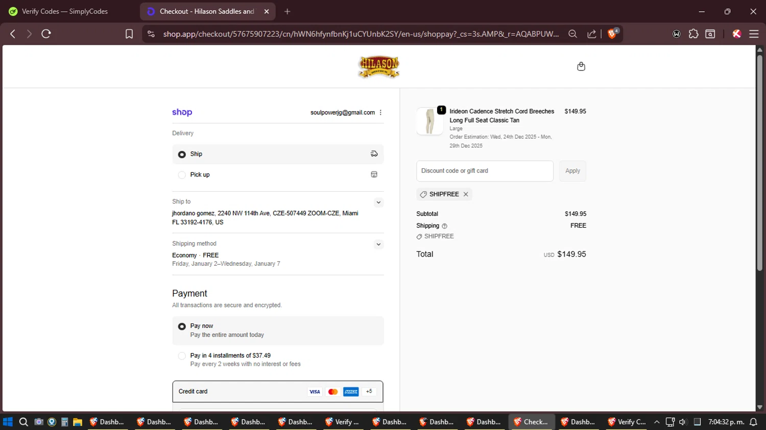 Hilason promo code screenshot showing code SHIPFREE applied at Hilason checkout page. Uploaded by SimplyCodes community member Amidamaru on Dec 21, 2025
