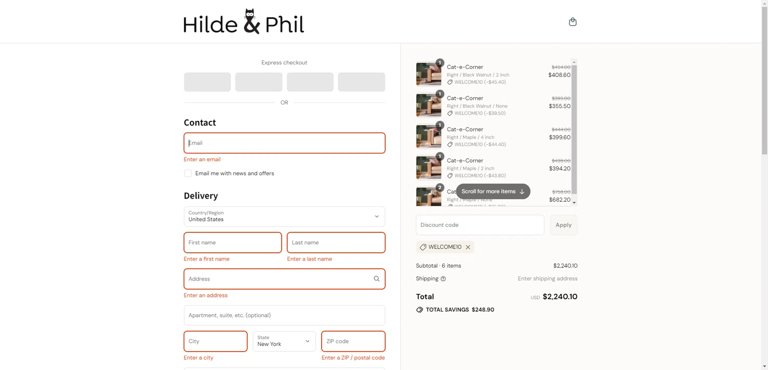 Hilde & Phil promo code screenshot showing code welcome10 applied at Hilde & Phil checkout page. Uploaded by SimplyCodes community member ValiantAce1810 on Sep 11, 2025