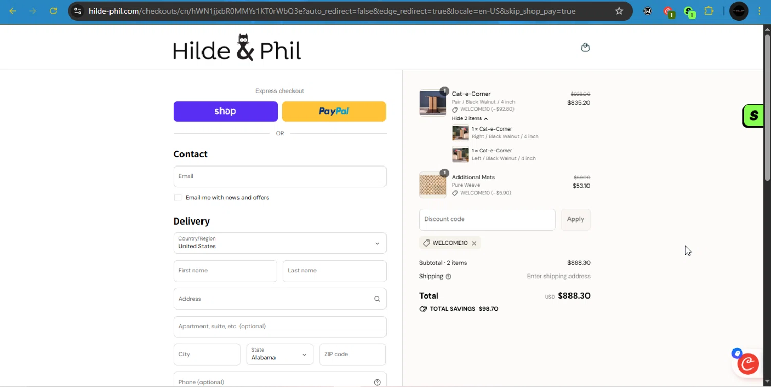 Hilde & Phil promo code screenshot showing code welcome10 applied at Hilde & Phil checkout page. Uploaded by SimplyCodes community member PrincessCoupon on Aug 13, 2025