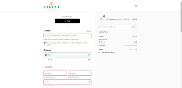 Hilife Vitamins checkout page showing Hilife Vitamins promo code box | Screenshot taken by SimplyCodes community member on Sep 11, 2025