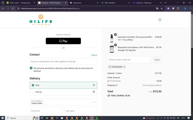 Hilife Vitamins checkout page showing Hilife Vitamins promo code box | Screenshot taken by SimplyCodes community member on Sep 11, 2025