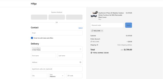 Hillga checkout page showing Hillga discount code box | Screenshot taken by SimplyCodes community member on Sep 4, 2025