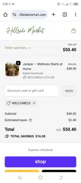 WELCOME25 coupon verification screenshot